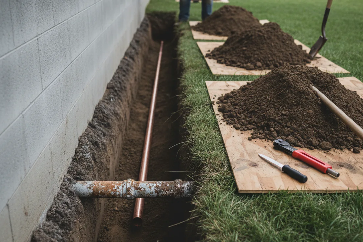 Excavated water line trench during Water Heater Repair in New Hartford